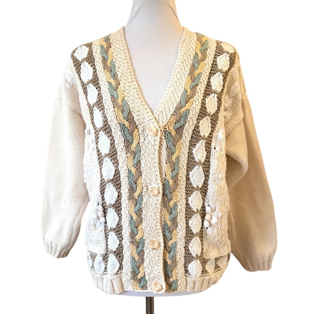 Eddie Bauer Cardigan Sweater Womens Medium Cream Vintage 90s Cotton Cable Knit